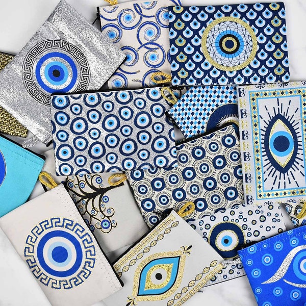 Evil Eye Greek Mati Eye Protection Coin & Travel Pouch, Wallet, Keyring Storage, Zipper Pouch, Purse, Authentic Made in Turkey