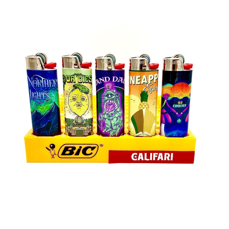 Califari's Strain Art Bic Lighter Variety 5 Pack: Sour Diesel, Northern Lights, GS Cookies, Grand Daddy Purple and Pineapple Express 