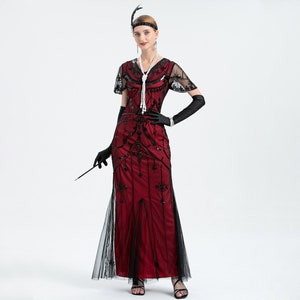 Women's 1920s Inspired V Neck Gatsby Dress Long Evening Cocktail Gown with 20s Accessories