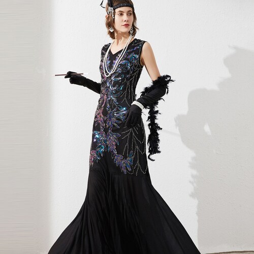 Women 1920s Long Prom Dresses V Neck 