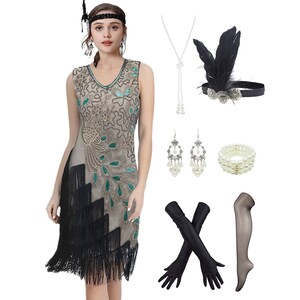 WACUDON Women 1920s Flapper Stripe Paisley V Neck Slip Roaring 20s Great  Gatsby Dress with 20s Costume Accessories Set