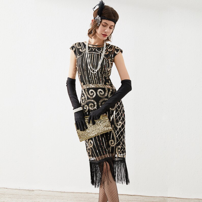 Women 1920s Sequin Gatsby Flapper Dress Style Art Deco Dress Great Vintage Flapper Party Embellished Tassel Beaded Dresses 