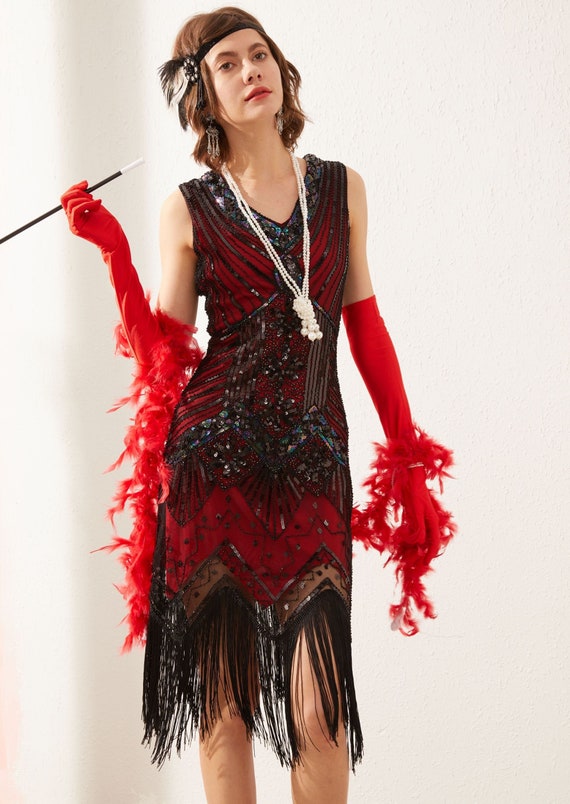 Black Red Fringe Flapper Dress 1920s ...