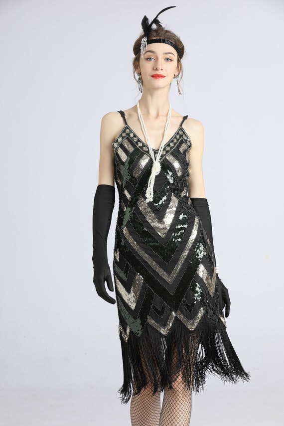 VILOREE Robe de soirée élégante des années 1920 pour femme avec franges  style rétro des années 20 Great Gatsby Cocktail Party Costume Robe noire XL  : : Mode