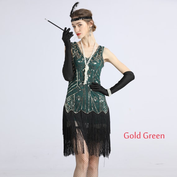 ELECLAND 1920s Sequin Beaded Fringed Flapper Dress With Accessories Set - V-Neck Gatsby Costume