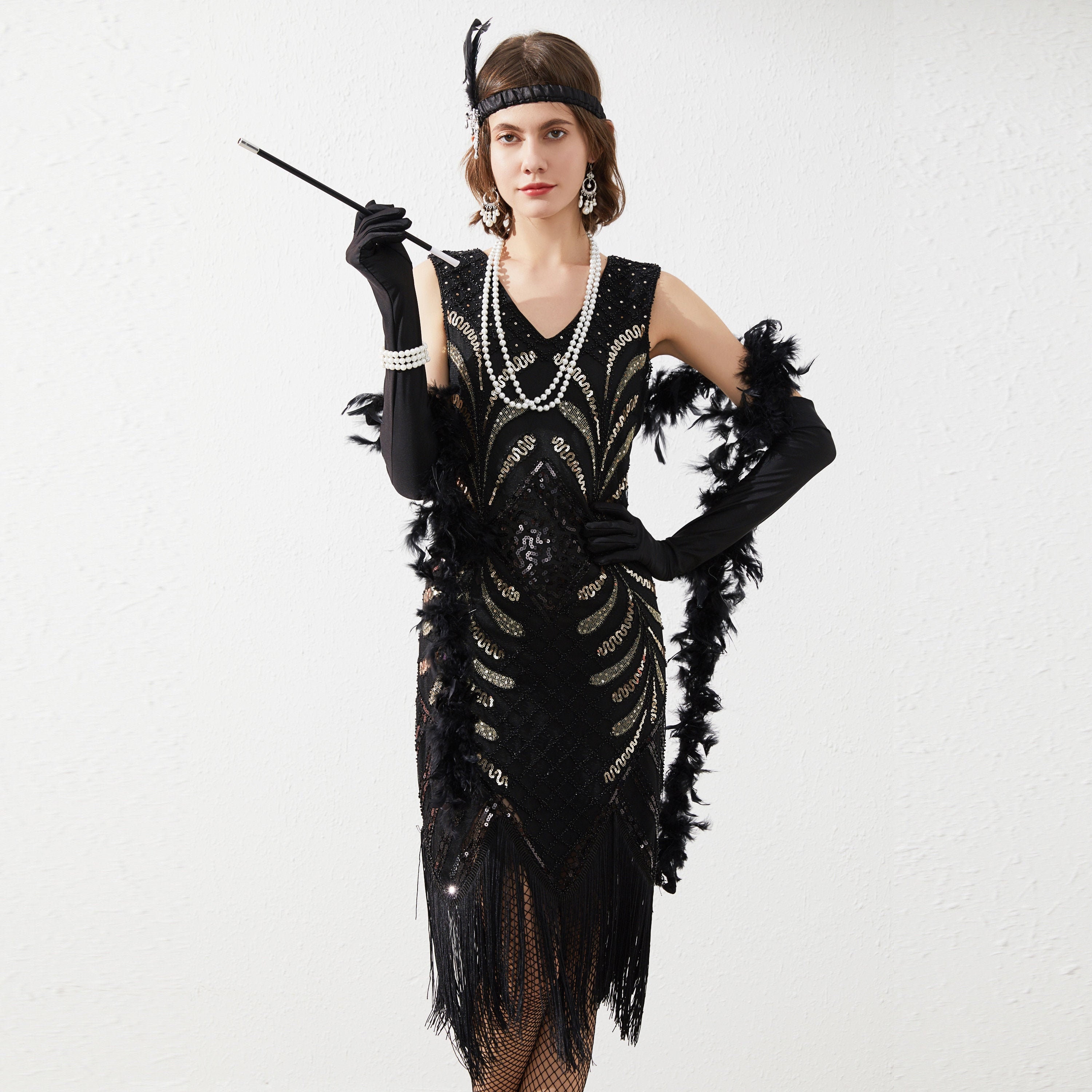 1920s Womens Gatsby Costume Flapper Dresses Neck Long Dress with 20s Accessories Set of 7 
