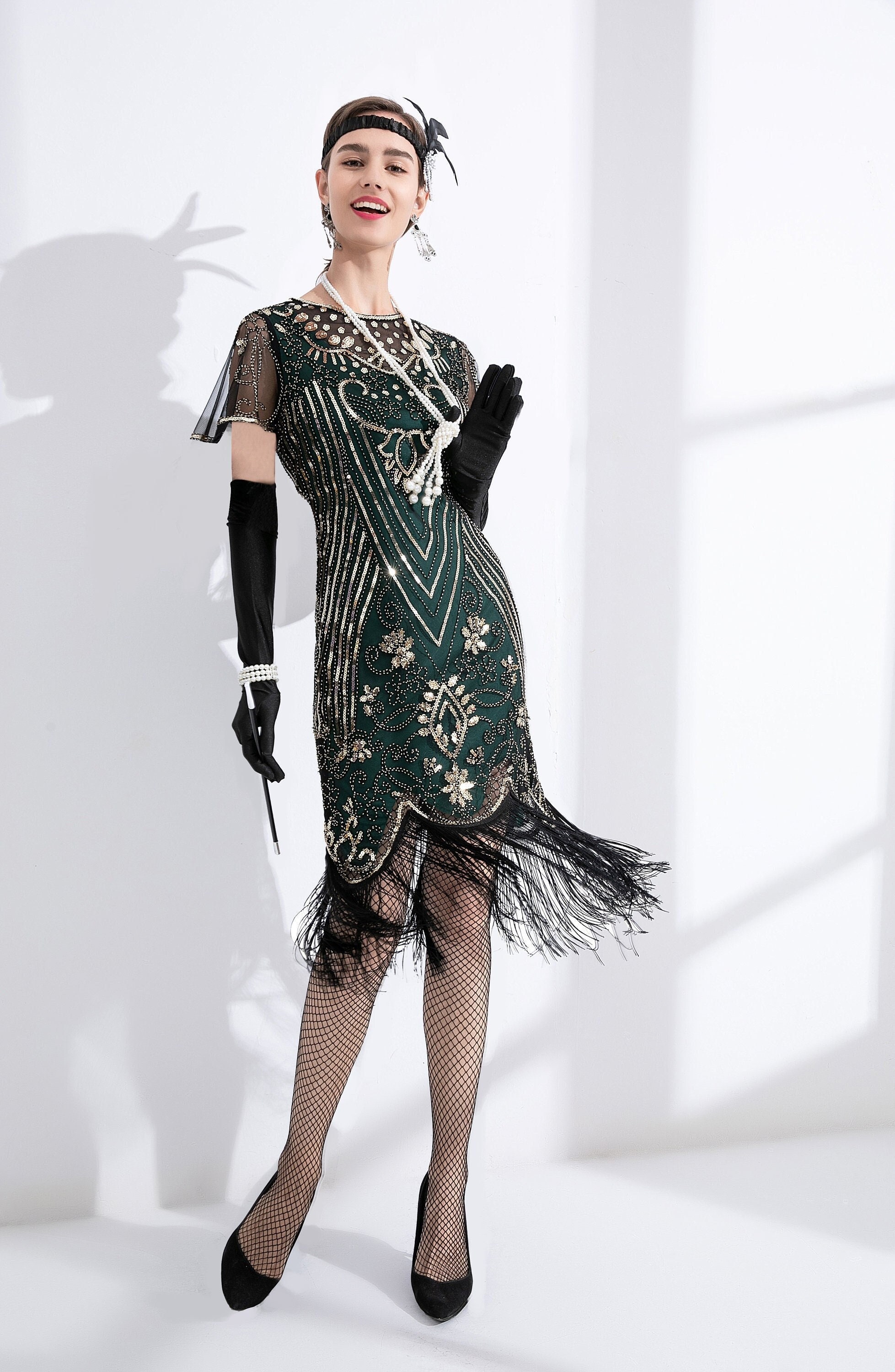 Green 1920s Sequin Art Deco Maxi Dress
