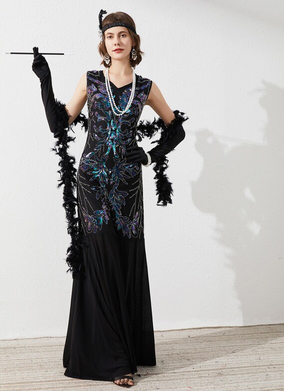 Women/'s 1920s Formal Dress Tassels Sleeve Sequins Gatsby Maxi Evening Gown