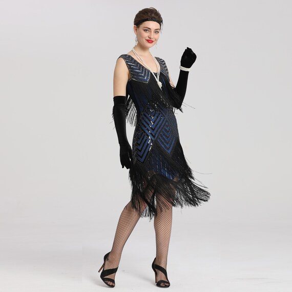 Robe Charleston Noir Cocktail Années 20 à Franges Paillettes Gatsby