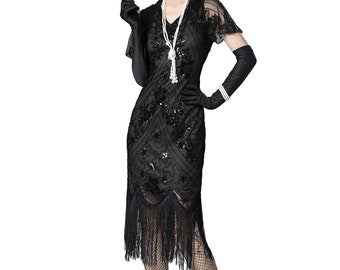 Women's 1920s Art Deco Fringed Sequin Dress Gatsby Costume Dress with Sleeve