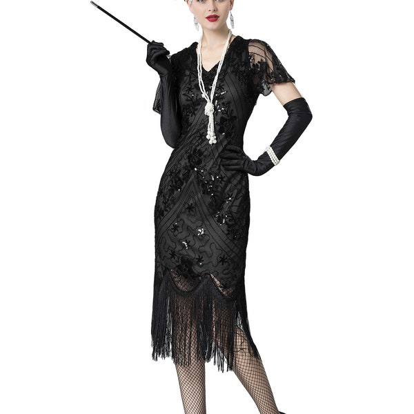 Women's 1920s Art Deco Fringed Sequin Dress Gatsby Costume Dress with Sleeve