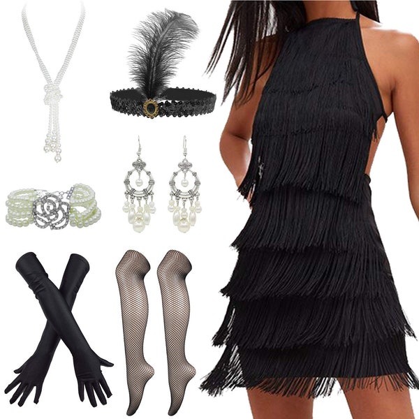 Women 1920s Gatsby Flapper Dress Sexy Open Back Strap Fringed Cocktail Party Dress with Accessories Set