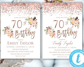 70th Birthday Boho Floral Blush Rose Gold Party Invitation, Flowers Invitations | Instant Download DIY Printable Editable | Templett 70th