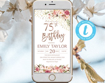 Electronic 75th Birthday Boho Floral Phone Party Invitation E-invite | Instant Download DIY Printable Editable | Templett Blush Gold F1050