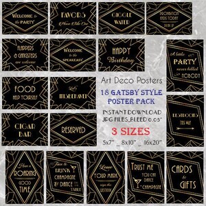 Paquete de carteles imprimible Gatsby 18 - Boda imprimible y fiesta de cumpleaños Art Déco 1920s Sign - 3 tamaños de cada diseño incluido DESCARGA INSTANTÁNEA