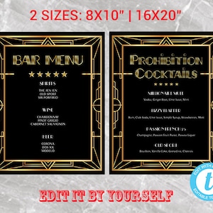 Plantilla de menú de bebidas Great Gatsby Art Deco, signo de cócteles de prohibición, signo de menú de barra / descarga instantánea DIY imprimible Editable Templett 1309