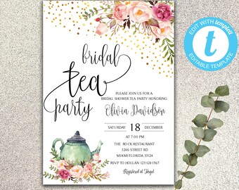 Boho Floral Bridal Tea Party Invitation, Floral Bridal Shower Invitation | Instant Download DIY Printable Editable | Templett