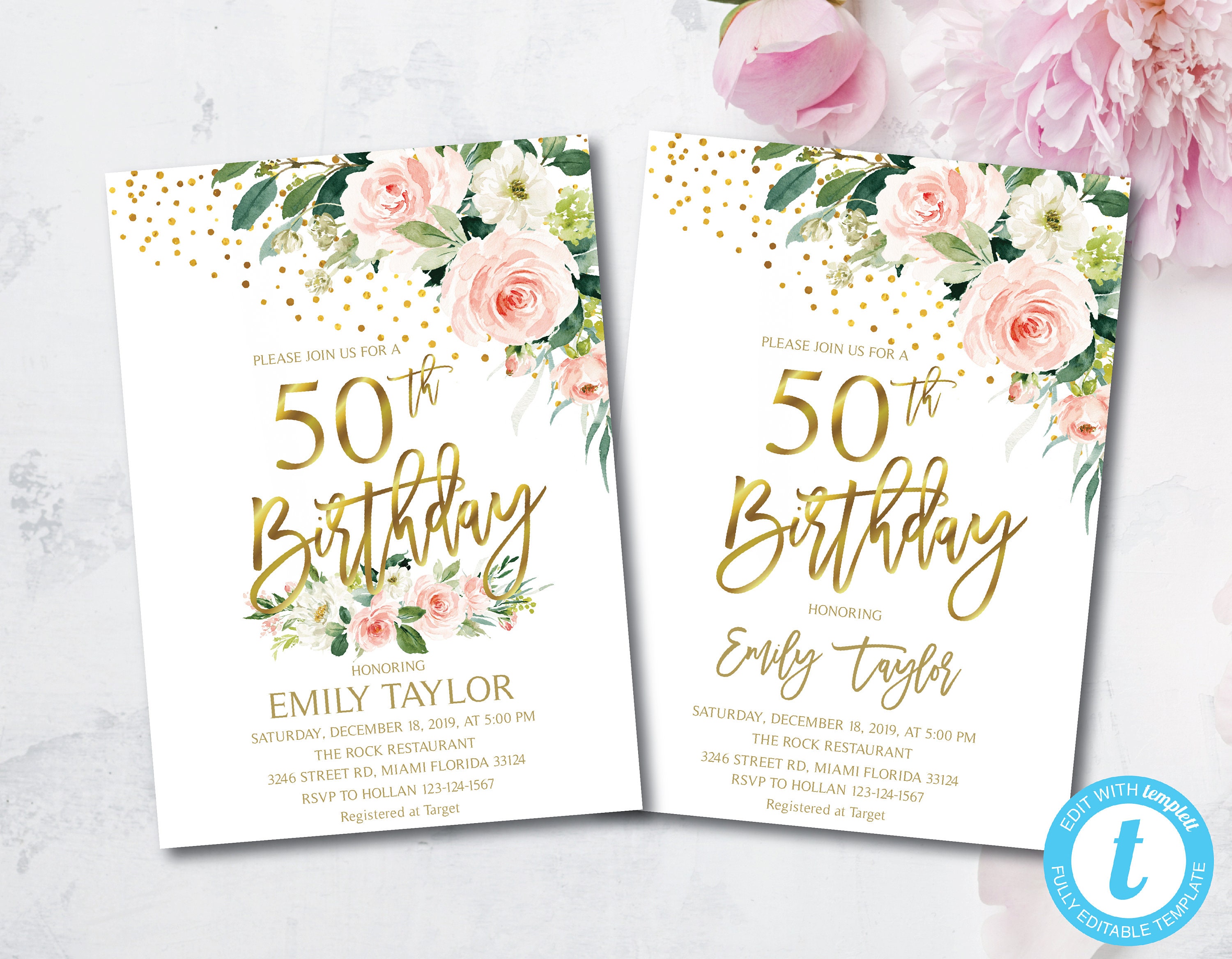 50th Birthday Floral Birthday Party Invitation Rose Flowers Etsy UK