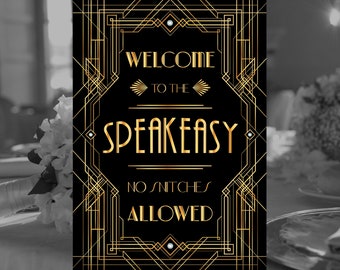 Great Gatsby Art Deco Welcome To The Speakeasy Sign Printable | Black and Gold Roaring Twenties Gatsby Party | Gatsby Speakeasy Downloads 02