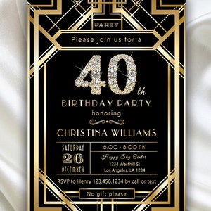 Invitación a fiesta sorpresa, gran Gatsby Art Deco elegante 30 40 50 80 90 cumpleaños / Descarga instantánea DIY imprimible editable