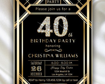 Invitación a fiesta sorpresa, gran Gatsby Art Deco elegante 30 40 50 80 90 cumpleaños / Descarga instantánea DIY imprimible editable