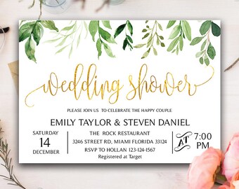 Greenery Wedding Shower Invitation, Bridal Shower Invite, Floral Bridal Shower Card MSK_004_GOLD | Instant Download DIY Printable Editable