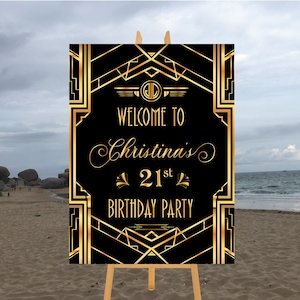 Printable Gatsby Welcome Sign Gold & Black Personalized Birthday Anniversary, Art Deco 18 21 30 40 50 Birthday Party Large Digital File WS21