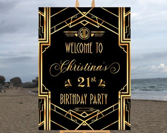 Printable Gatsby Welcome Sign Gold & Black Personalized Birthday Anniversary, Art Deco 18 21 30 40 50 Birthday Party Large Digital File WS21