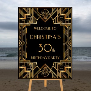 Printable Gatsby Welcome Sign Gold & Black Personalized Birthday Anniversary, Art Deco 18 21 30 40 50 Birthday Party Large Digital File WS30