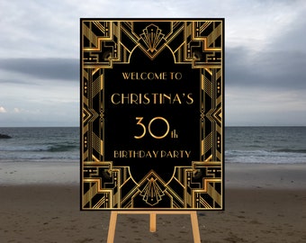 Printable Gatsby Welcome Sign Gold & Black Personalized Birthday Anniversary, Art Deco 18 21 30 40 50 Birthday Party Large Digital File WS30