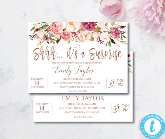 Boho Floral Surprise Birthday Invitation Templett Instant Download DIY Printable Editable Shhh It/'s a Surprise Birthday Party Invitation
