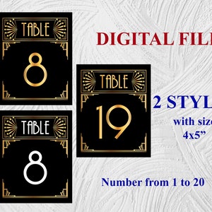 Great Gatsby Art Deco &quot;TABLE Numbers 1-20&quot; Printable, Roaring 20s Gatsby Table Number Signs, Black and Gold 1920&#39;s Wedding Roaring Twenties