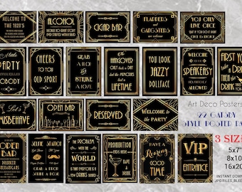 22 Gatsby Poster Pack - 22 Gatsby Poster zum Ausdrucken - Hochzeit & Geburtstagsparty Art Deco 1920er Jahre Zeichen - 3 Größen von jedem Design inklusive SOFORTIGER DOWNLOAD
