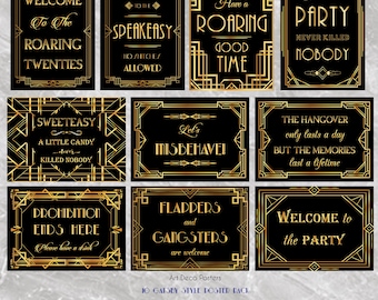 Paquete de 10 carteles imprimibles de Gatsby - Letrero Art Deco de los años 20 para bodas y fiestas de cumpleaños - Incluye 3 tamaños de cada diseño - DESCARGA INSTANTÁNEA