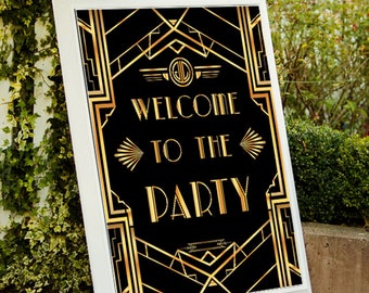 Gran Gatsby Art Deco Bienvenido a la fiesta, Bienvenido al letrero de la fiesta, decoración de fiesta imprimible, letrero de fiesta dorado, cartel de fiesta imprimible 01