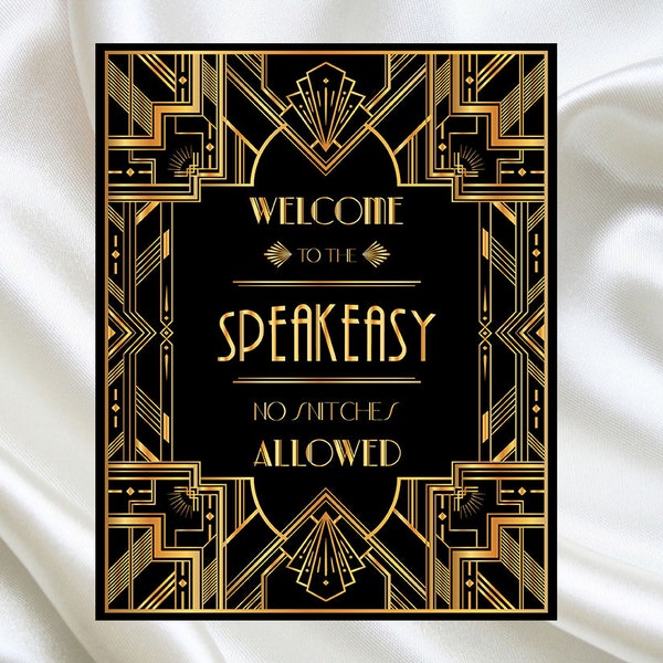 Great Gatsby Art Deco Welcome To The Speakeasy Sign Printable | Black and Gold Roaring Twenties Gatsby Party | Gatsby Speakeasy Downloads 02