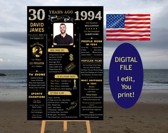 1994 USA, Personalized 30th Birthday Poster, What happened in 1994, 1994 Year in Review, 30th Birthday Black and Gold for him | Digital File