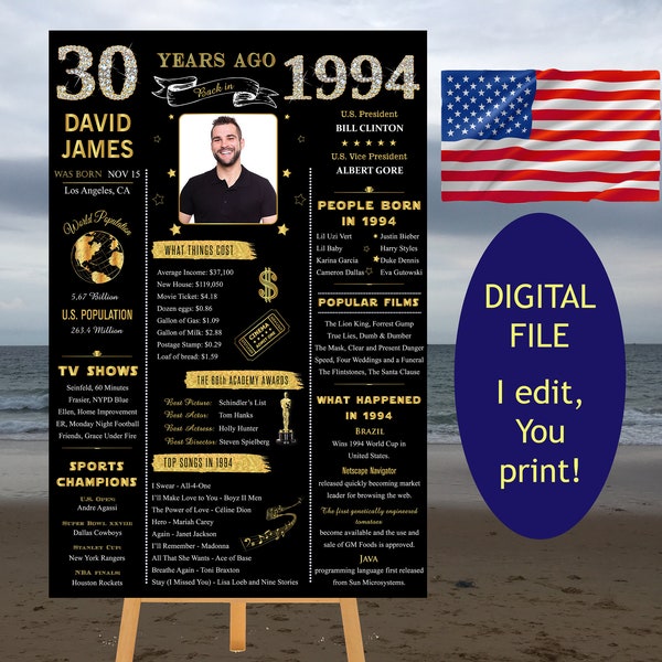 1994 USA, Personalized 30th Birthday Poster, What happened in 1994, 1994 Year in Review, 30th Birthday Black and Gold for him | Digital File