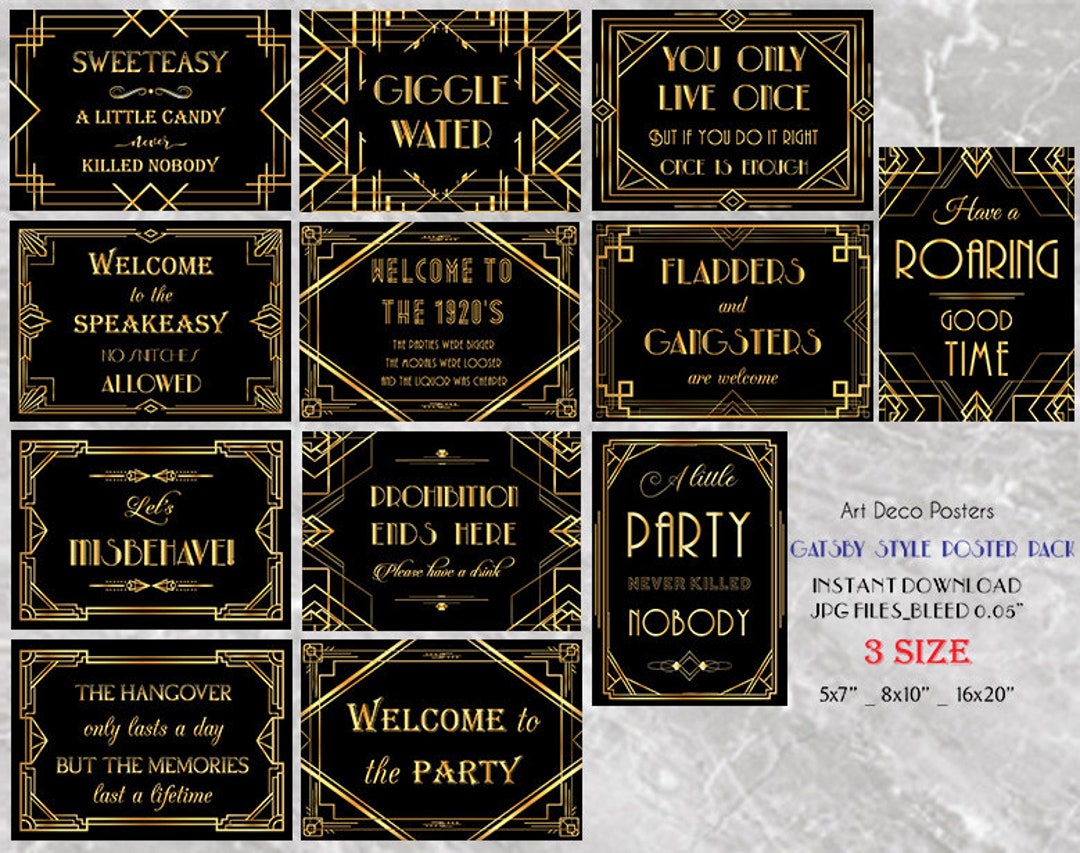 Printable Gatsby 12 Poster Pack - Printable Wedding &amp; Birthday Party ...