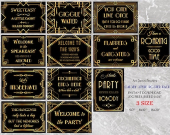 Printable Gatsby 12 Poster Pack - Printable Wedding & Birthday Party Art Deco 1920s Sign - 3 sizes of each design included INSTANT DOWNLOAD