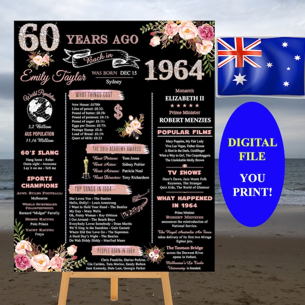 1964 AUSTRALIEN, Poster 60 Geburtstag, Poster 1964, Geboren 1964, Erinnerung 1964 Schild, Was 1964 passiert ist | Sofortiger Download zum ausdrucken