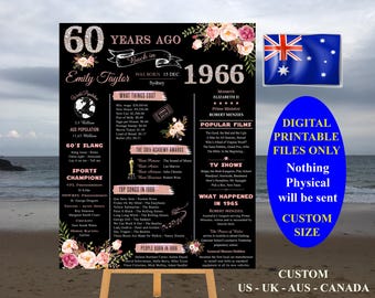 May include: A black birthday milestone poster featuring rose gold glitter text reading 60 Years Ago Back In 1966, Emily Taylor, and Born 15 Dec Sydney. It includes floral accents, historical facts, popular films, songs, and sports champions from 1966.