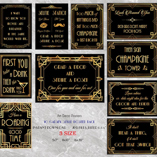 Printable Gatsby 10 Poster Pack - Printable Wedding & Birthday Party Art Deco 1920s Sign - 3 sizes of each design included INSTANT DOWNLOAD
