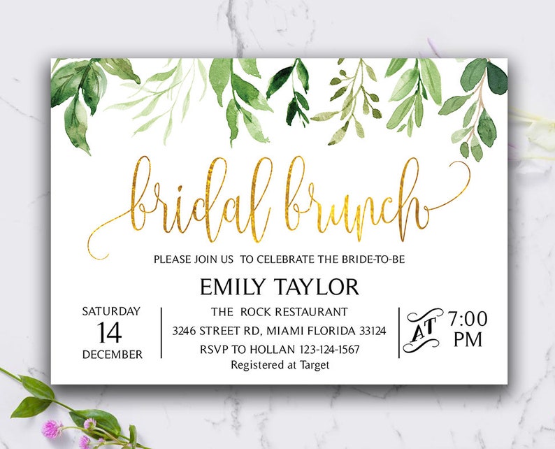 Gold and Green Leaf Bridal Brunch Invitation Bridesmaid Luncheon Bridal Luncheon Invitation Instant Download DIY Printable Editable