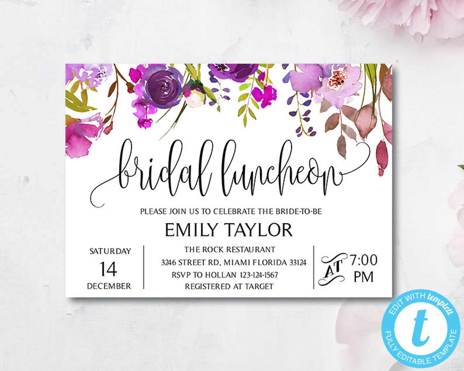 Purple Floral Bridal Luncheon Invitation Bridal Brunch Etsy