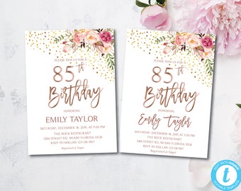 85th Birthday Boho Floral Party Invitation, Flowers Invitations | Instant Download DIY Printable Editable | Templett Blush Gold F1086