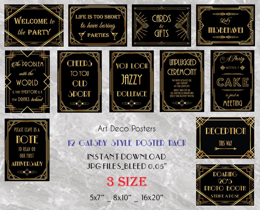 Printable Gatsby 12 Poster Pack Printable Wedding & Birthday Party Art