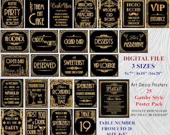 Printable Gatsby 25 Posters Pack - Printable Wedding & Birthday Party Art Deco 1920s Sign - 3 sizes of each design included INSTANT DOWNLOAD