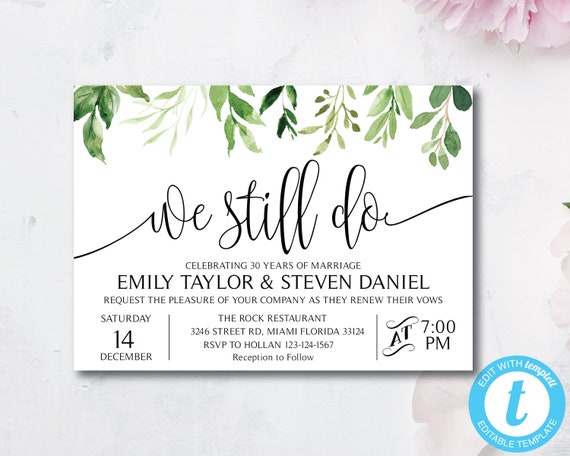 Greenery Vow Renewal Invitation Template Wedding ...