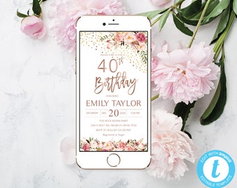 Electronic 40th Birthday Boho Floral Phone Party Invitation E-invite | Instant Download DIY Printable Editable | Templett Blush Gold F1045